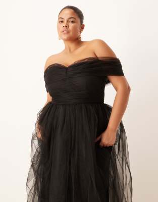 Lace & Beads Plus Bow Fallen Shoulder Maxi Tulle Dress In Black