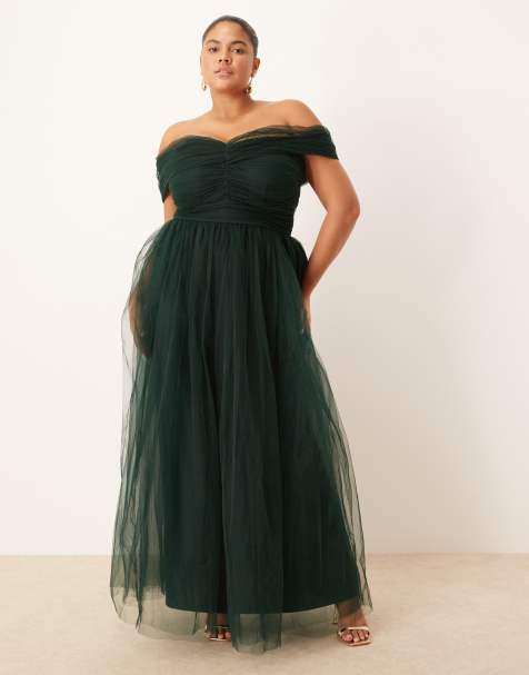 Lace & Beads Plus bow fallen shoulder maxi tulle dress in forest green - view 1