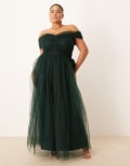 [Lace & Beads Plus] Lace & Beads Plus bow fallen shoulder maxi tulle dress in forest green 28 Dark Green