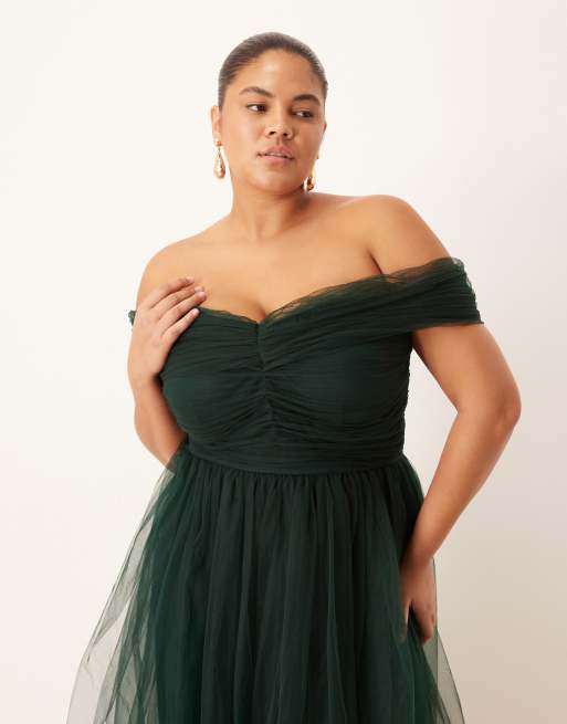 Lace & Beads Plus bow fallen shoulder maxi tulle dress in forest green