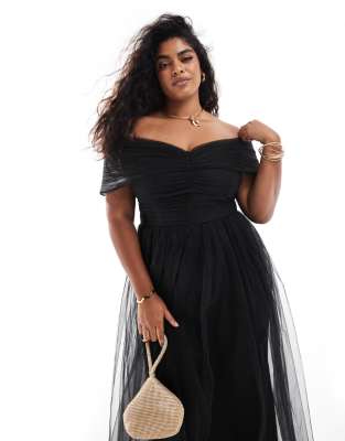 bow off shoulder tulle maxi dress in black