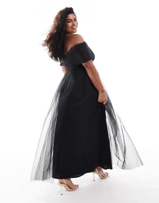 Lace Beads Plus bow off shoulder tulle maxi dress in black