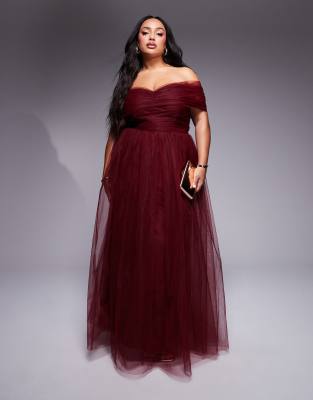 Lace & Beads Plus bow off shoulder tulle maxi dress in burgundy-Red φωτογραφία