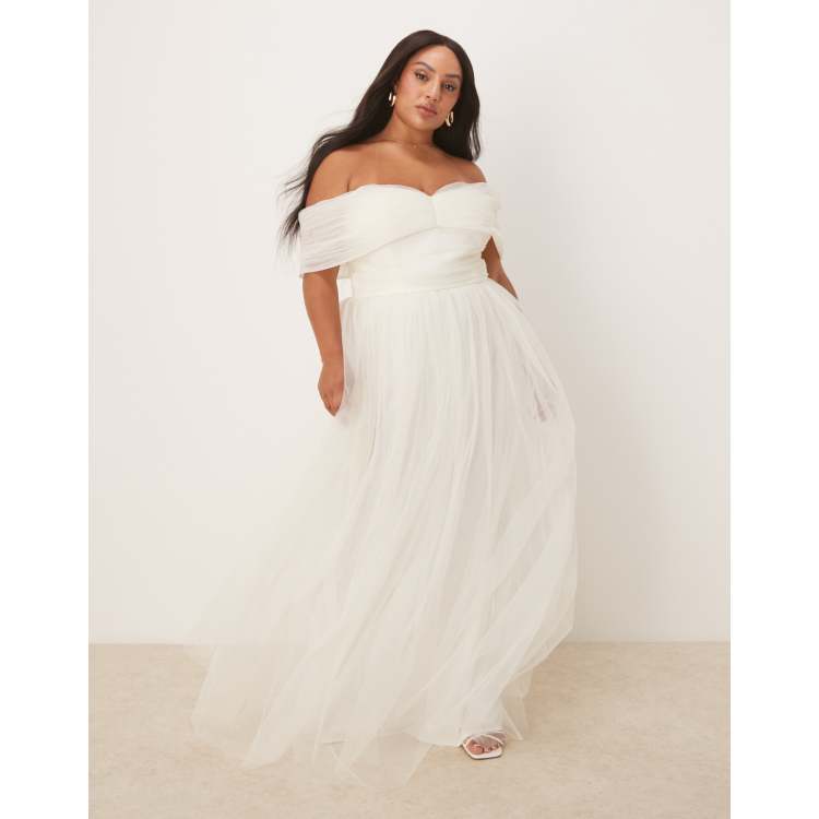 Lace & Beads Plus bow off shoulder tulle maxi dress in ivory