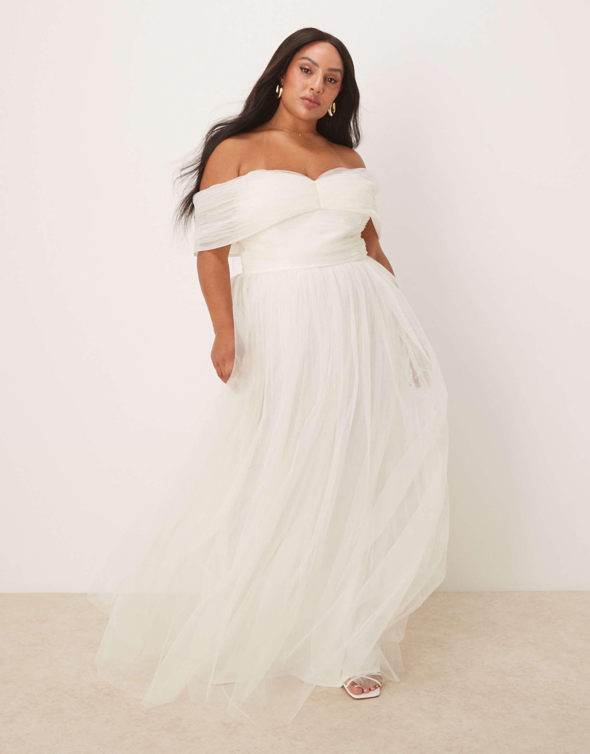 lace & beads plus bow off shoulder tulle maxi dress in ivory