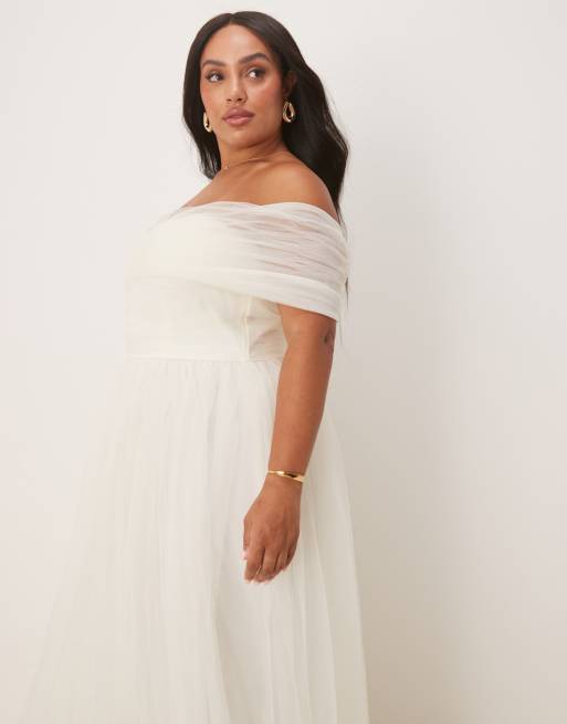 Lace & Beads Plus bow off shoulder tulle maxi dress in ivory