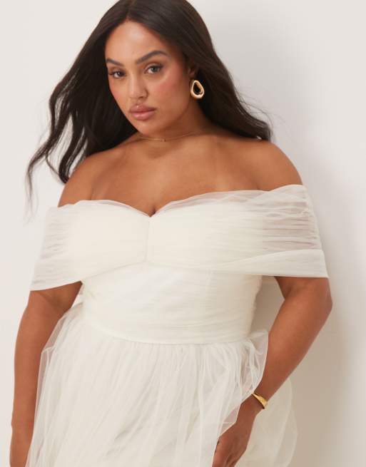 Lace & Beads Plus bow off shoulder tulle maxi dress in ivory
