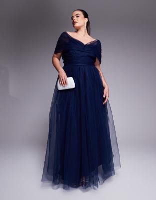 bow off-shoulder tulle maxi dress in navy