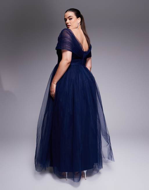 Lace & Beads Plus bow off-shoulder tulle maxi dress in navy | ASOS
