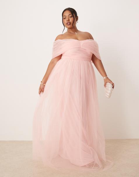 Lace & Beads Plus bow off the shoulder tulle maxi dress in soft pink - view 1