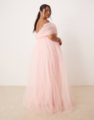 Shop Lace & Beads Plus Bow Off The Shoulder Tulle Maxi Dress