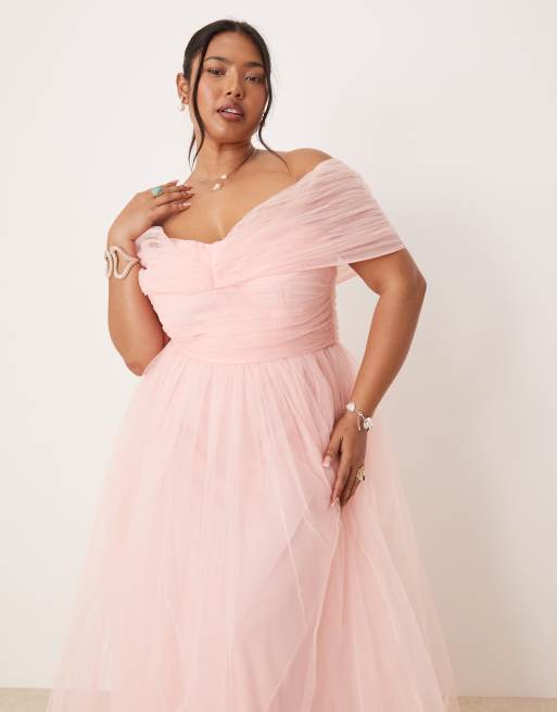 Lace & Beads Plus bow off the shoulder tulle maxi dress in soft pink