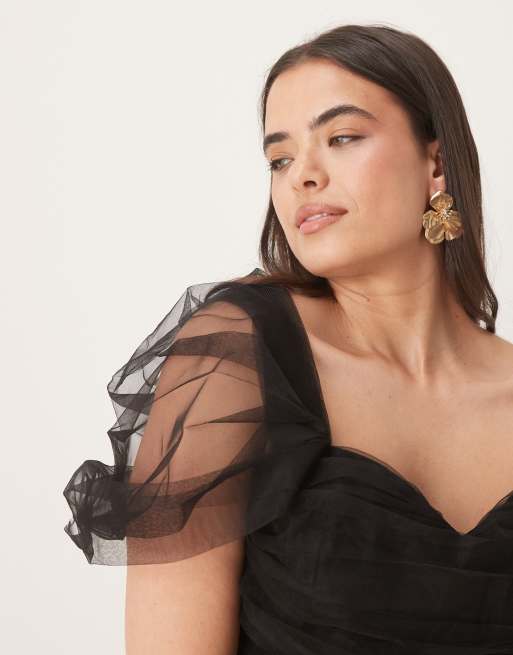 Lace & Beads Plus bow off the shoulder tulle mini dress in black
