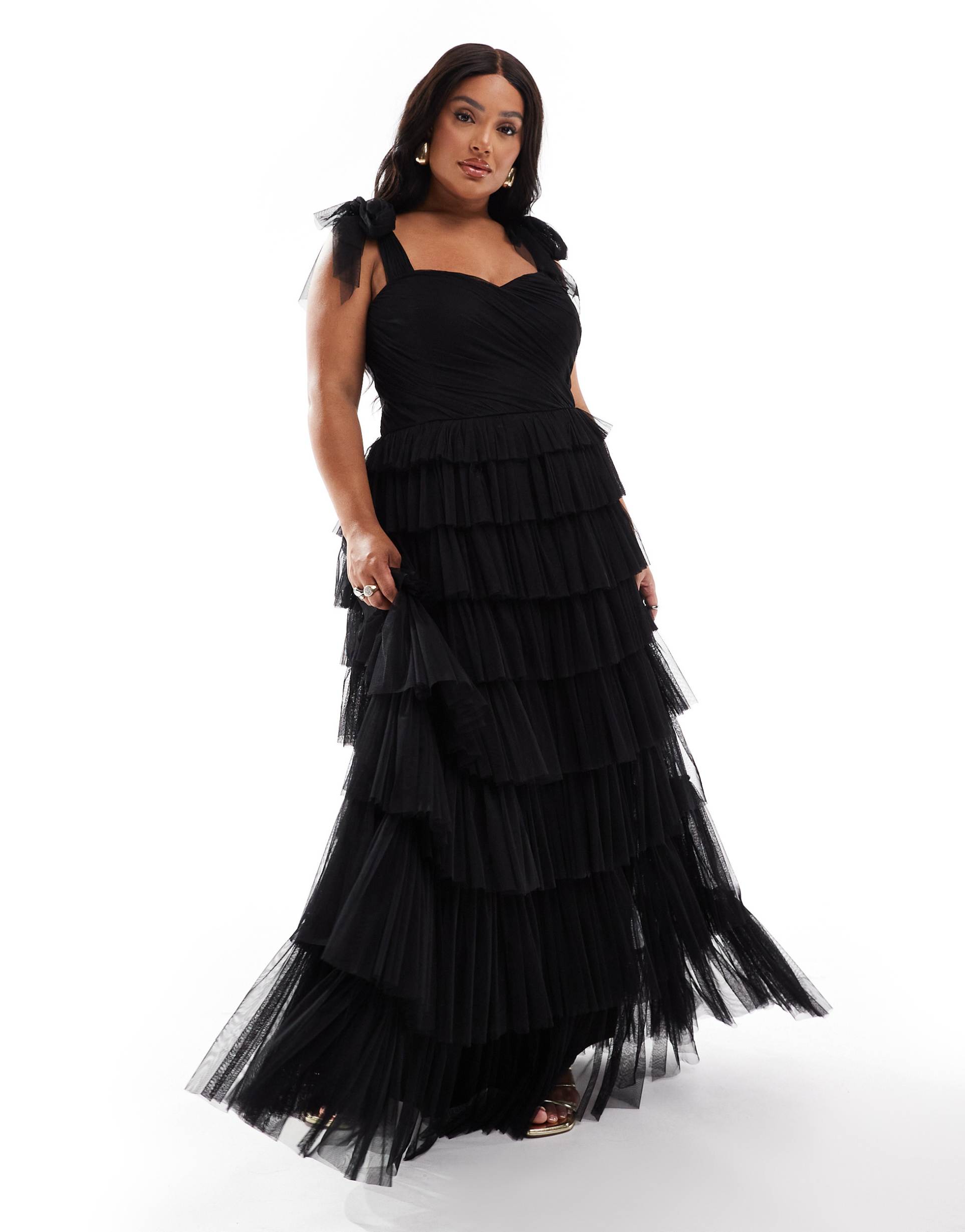 lace & beads plus bow shoulder ruffle maxi dress in black