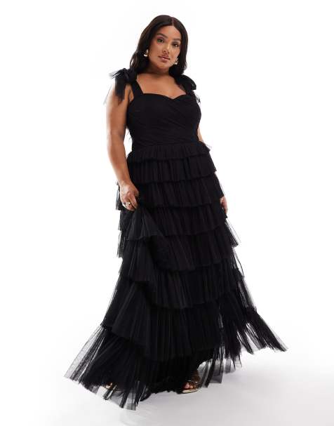 Lace & Beads Plus bow shoulder ruffle maxi dress in&nbsp;black - view 1