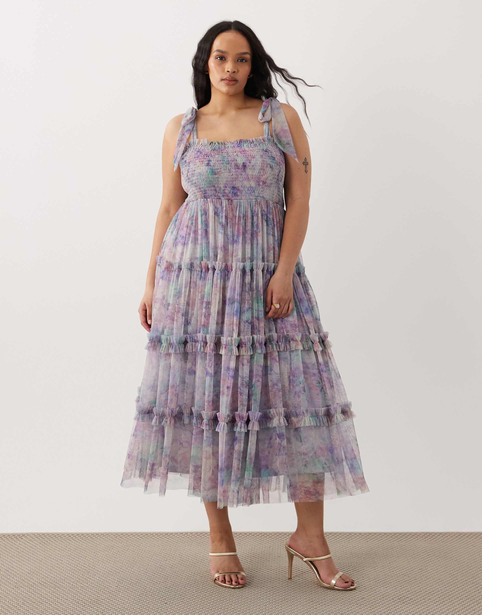 lace & beads plus bow shoulder shirred ruffle midi dress in purple abstract print