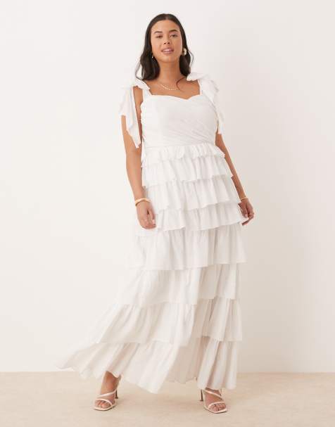 Lace & Beads Plus bow shoulder tiered cotton maxi dress in white - view 1
