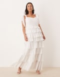 [Lace & Beads Plus] Lace & Beads Plus bow shoulder tiered cotton maxi dress in white 26 White cotton