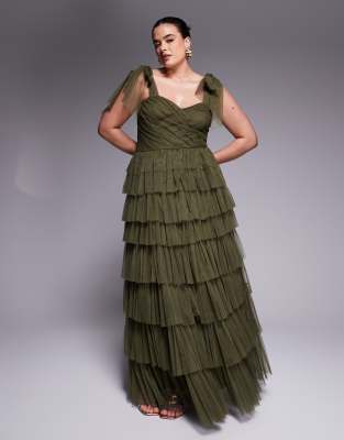 bow shoulder tiered tulle maxi dress in deep olive-Green