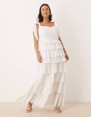 Lace & Beads Plus bow shoulders tiered cotton maxi dress in white - view 1