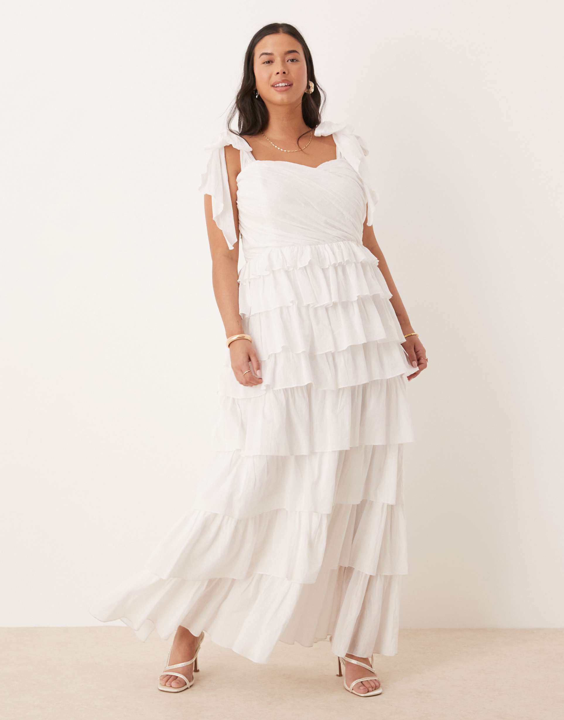 lace & beads plus bow shoulders tiered cotton maxi dress in white