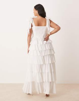Lace & Beads Plus Bow Shoulders Tiered Cotton Maxi Dress