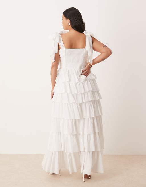 white christmas dresses White Multicolor Dot Cotton Dobby Tiered Dress