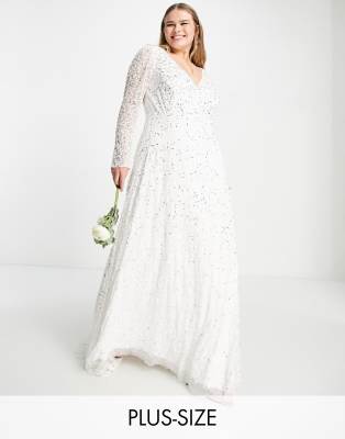 Lace & Beads Plus Bridal embellished maxi dress with train in ivory