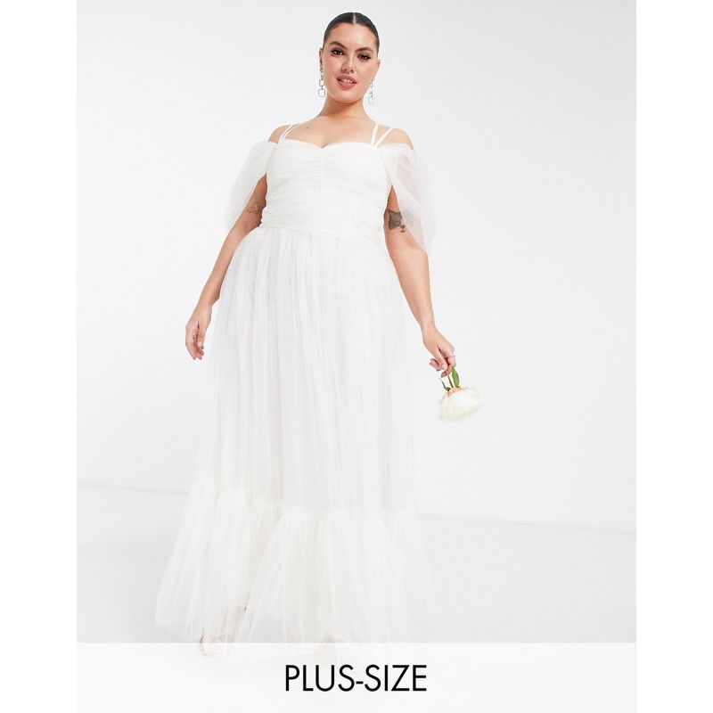Lace & Beads Plus – Bridal – Maxi-Brautkleid aus Tüll in Elfenbein mit überkreuzter Rückenpartie