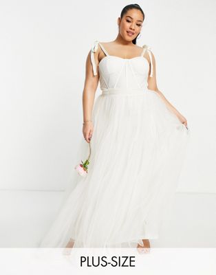 Lace & Beads Plus Bridal tie shoulder corset tulle midi dress in ivory