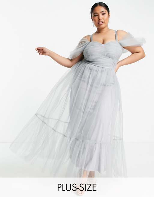 Lace & Beads Plus Bridesmaid Alicia cross back tulle dress in blue