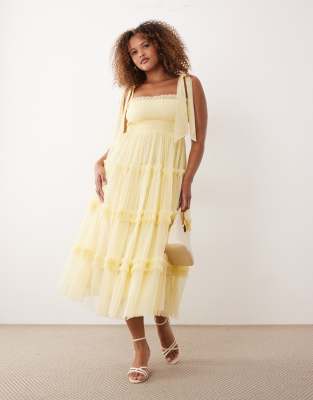 Lace & Beads Plus Bridesmaid bow shoulders tulle midi dress in lemon