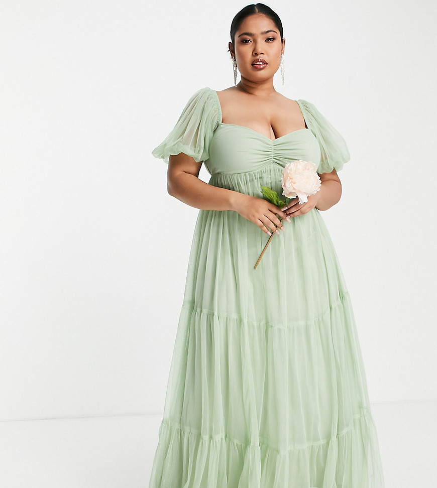 lace & beads plus -  – Bridesmaid Charlotte – Brautjungfernkleid aus Tüll in Salbeigrün mit Puffärmeln