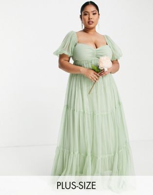 Lace & Beads Plus Bridesmaid Charlotte puff sleeve tulle dress in sage green