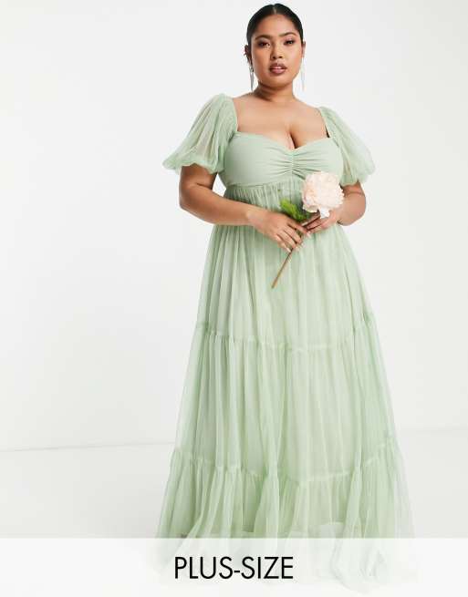 Lace & Beads Plus Bridesmaid Charlotte puff sleeve tulle dress in sage ...