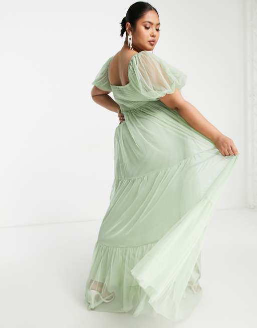 Lace & Beads Plus Bridesmaid Charlotte puff sleeve tulle dress in sage green  | ASOS