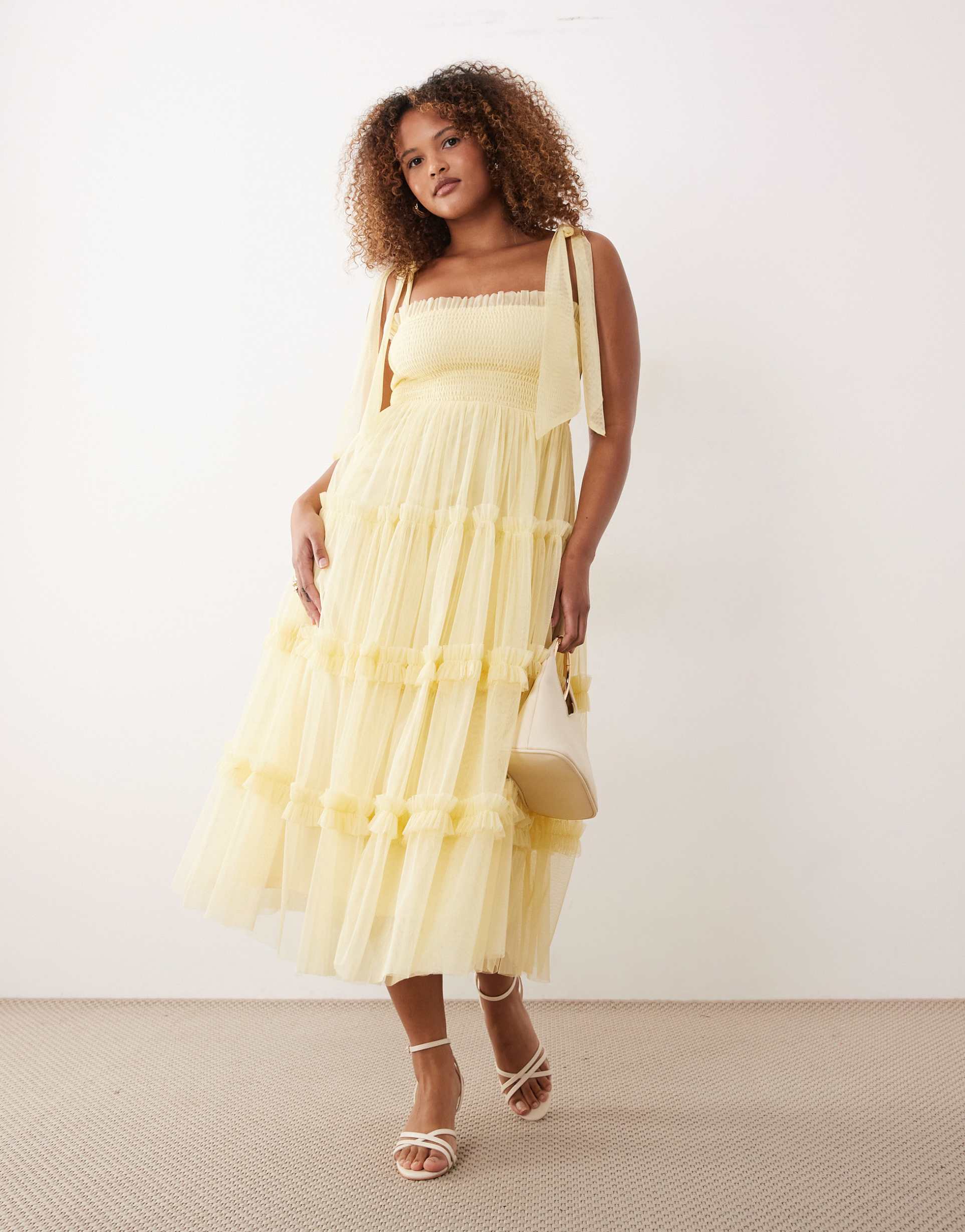 lace & beads plus bridesmaid louise bow shoulder tulle midi dress in lemon