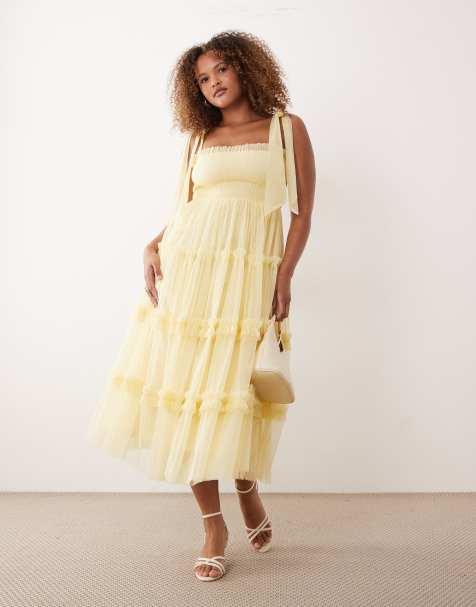 Lace & Beads Plus Bridesmaid – Louise – Tiulowa cytrynowa sukienka midi z kokardkami na ramionach - view 1