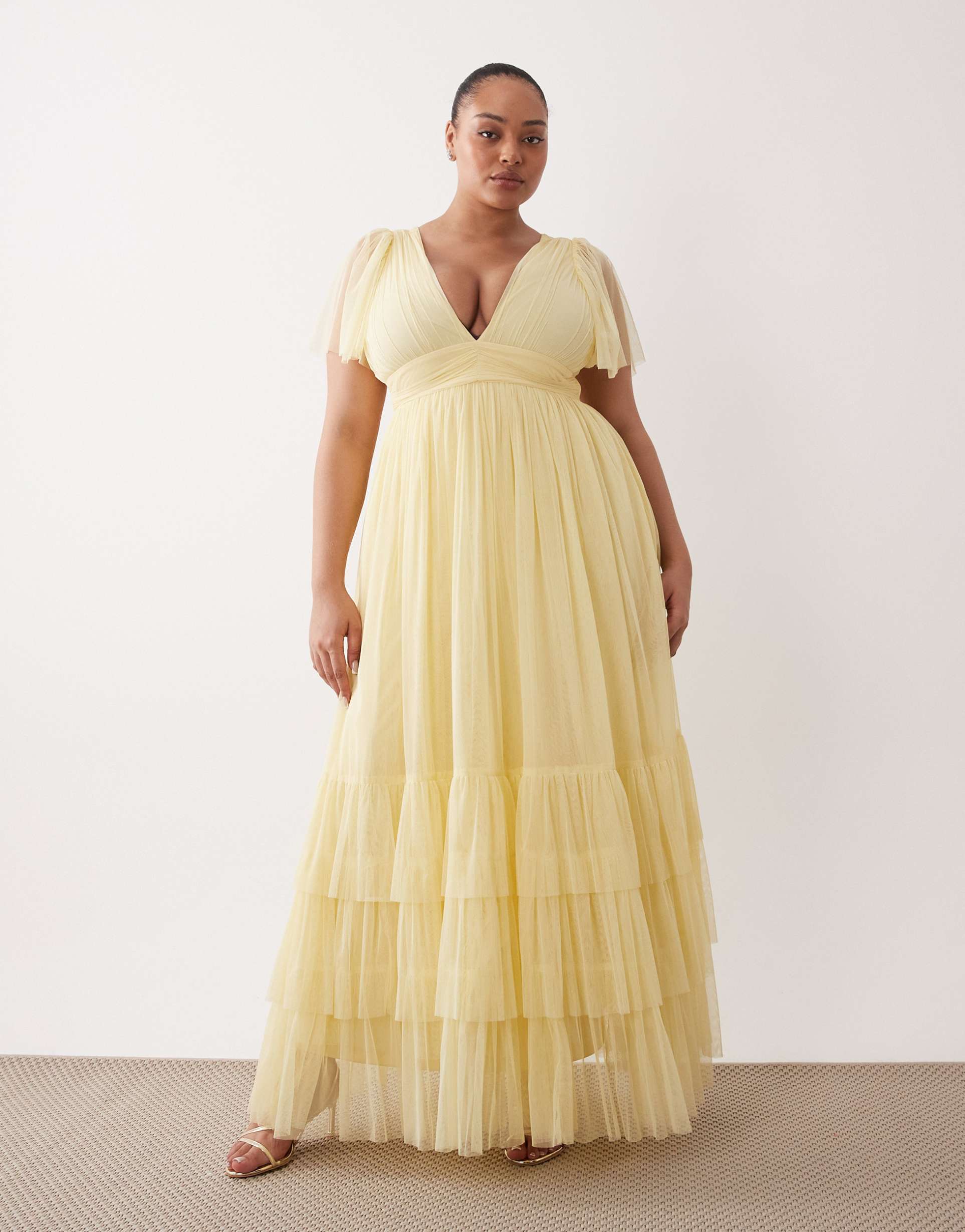 lace & beads plus bridesmaid madison flutter sleeve maxi dress in lemon
