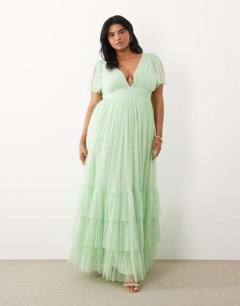Lace & Beads Plus Bridesmaid – Madison – Jasnoszałwiowa luźna sukienka warstwowa maxi ze zwiewnymi rękawami - view 1
