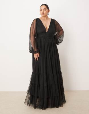 Lace & Beads Plus Bridesmaid Madison long sleeve maxi dress in black