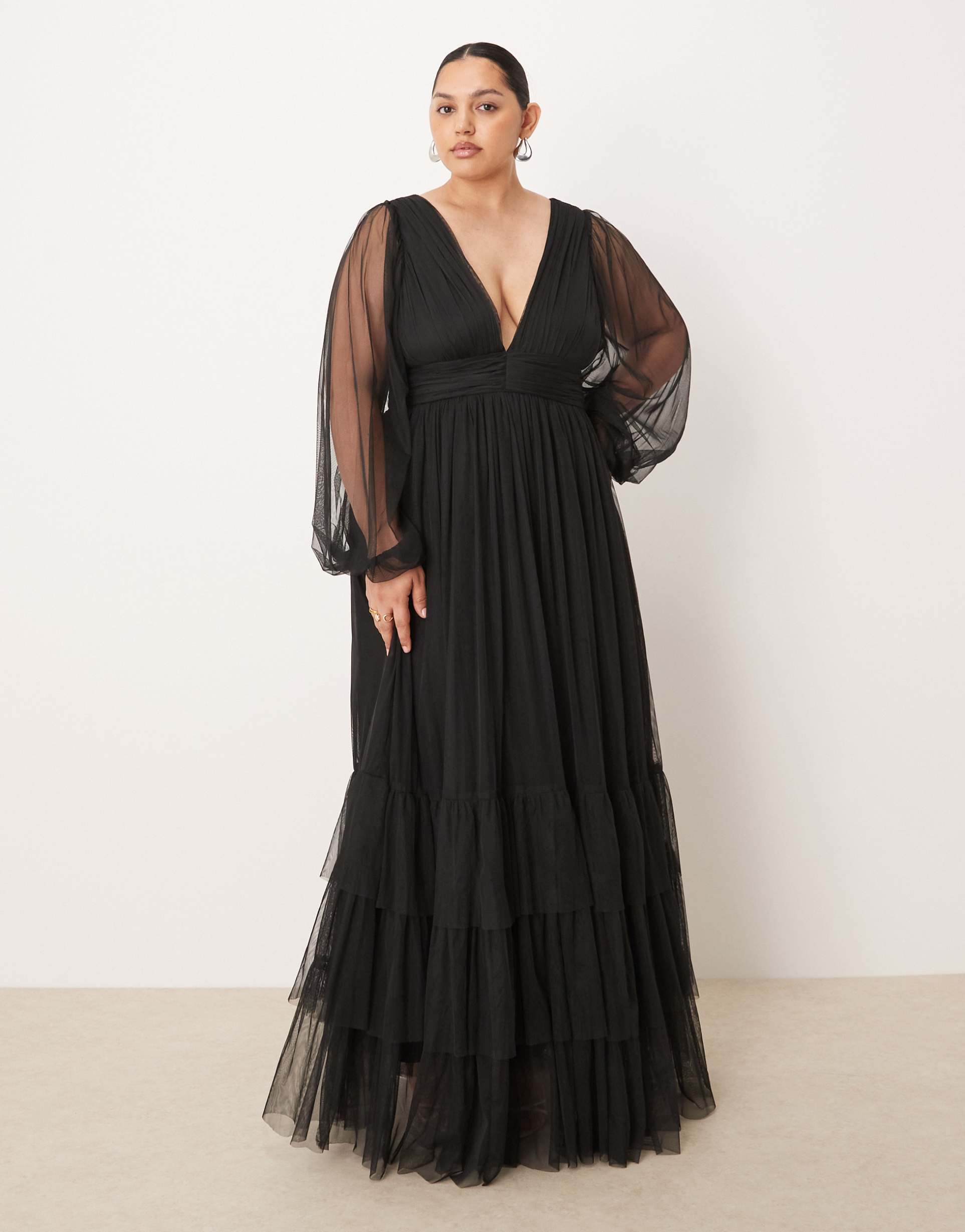 lace & beads plus bridesmaid madison long sleeve maxi dress in black