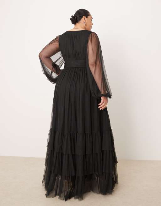 Lace & Beads Plus Bridesmaid Madison long sleeve maxi dress in black