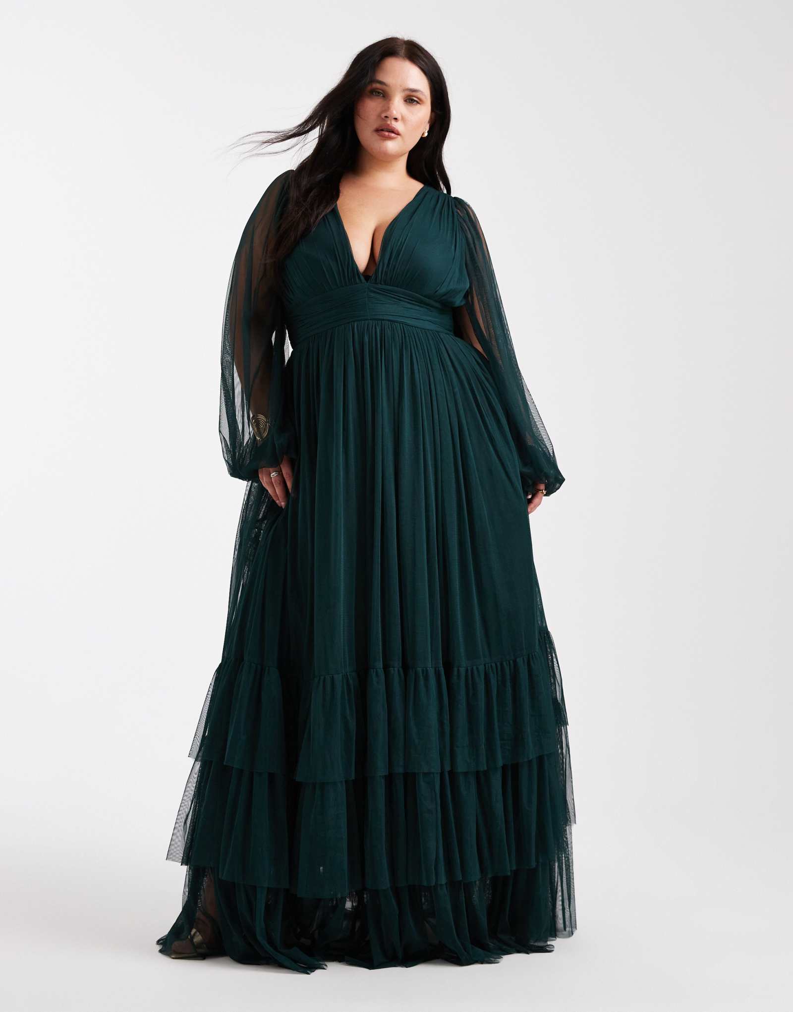 Кружево и бисер плюс макси-платье с длинным рукавом для подружки невесты Мэдисон темно-зеленого цвета