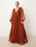 [Lace & Beads Plus] Lace & Beads Plus Bridesmaid Madison long sleeve maxi dress in rust-Brown 18 Rust