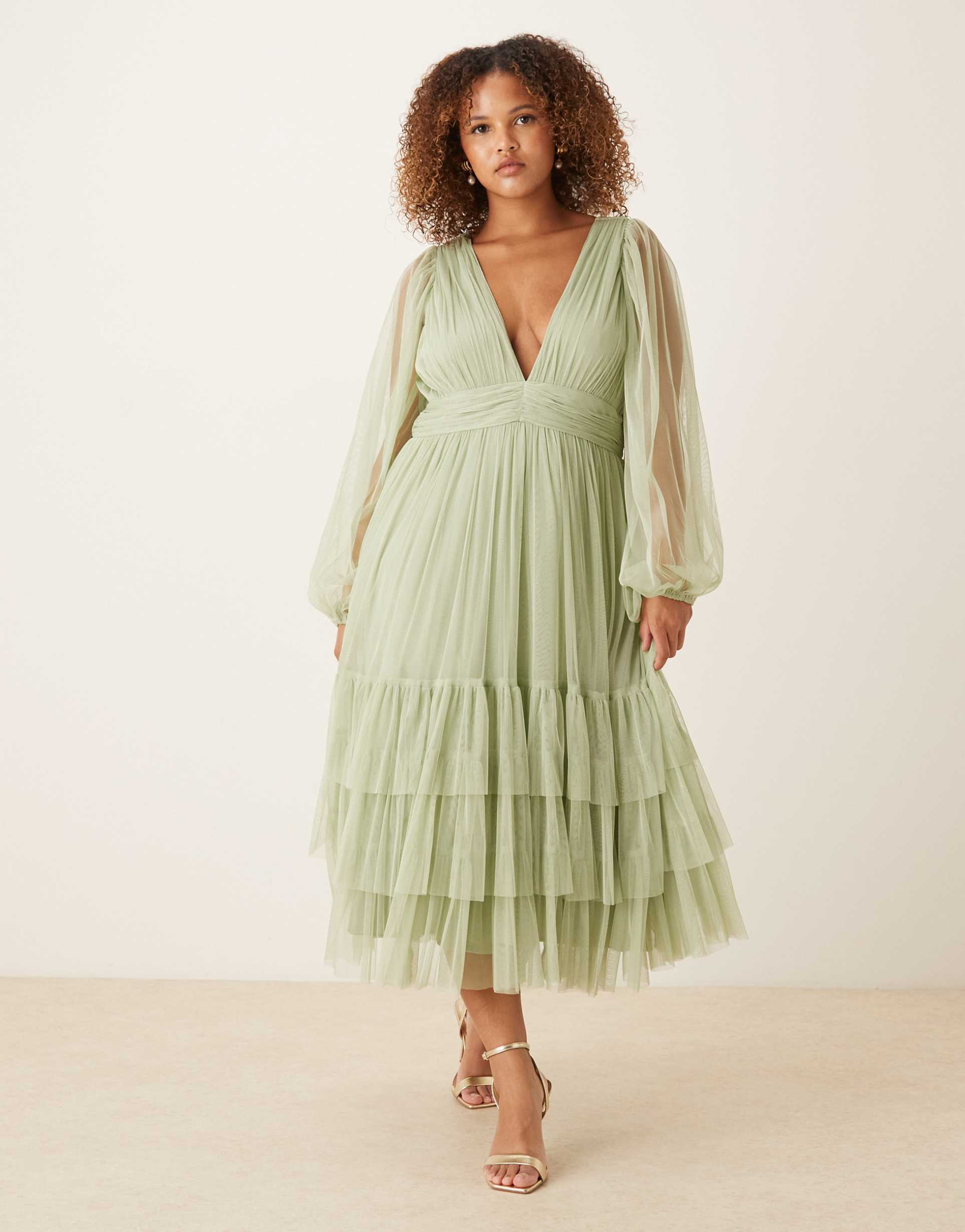 lace & beads plus bridesmaid madison long sleeve midi dress in sage green