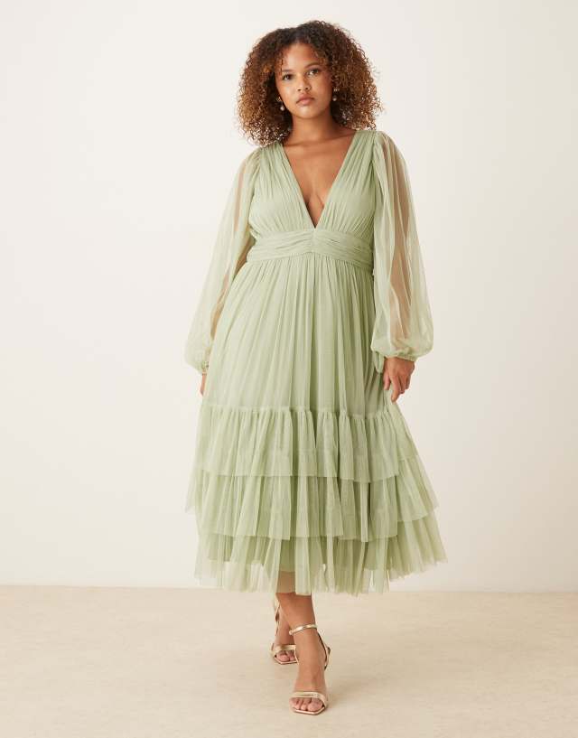 midi bridesmaid dresses with sleeves Lace & Beads Plus Madison long sleeve dress in sage green 115 cm Sizes and pantsuit Beaded-Bodice Strapless Prom Gown: Size:S (14.5 US)