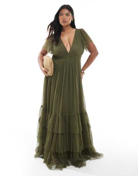 Lace & Beads Plus Bridesmaid Madison maxi dress in deep olive - view 1