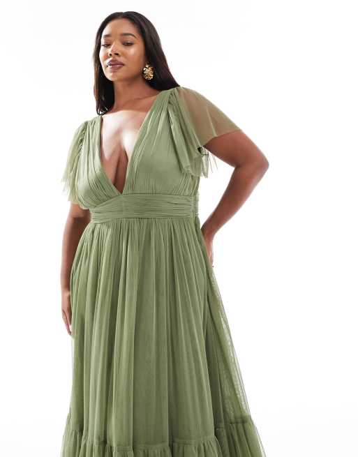 green emerald velvet dress BABARONI Off The Shoulder Chiffon Full Length Dress-Olive Green, Olive Green / US0