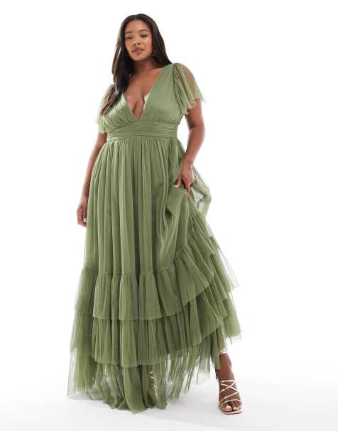 Lace & Beads Plus Bridesmaid Madison maxi dress in soft olive